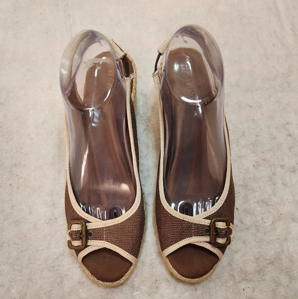 Naturalizer Womens 9 M Sherene Slingback Buckle Wedge Brown Fabric Peep Toe
